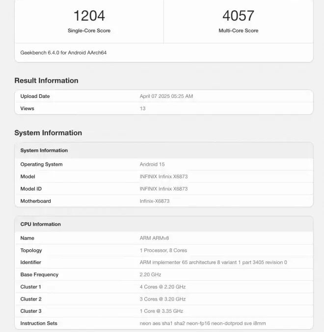 infinix gt 30 pro geekbench listing