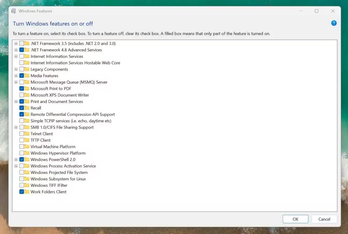 Настройка компонентов Windows в панели управления Windows 11