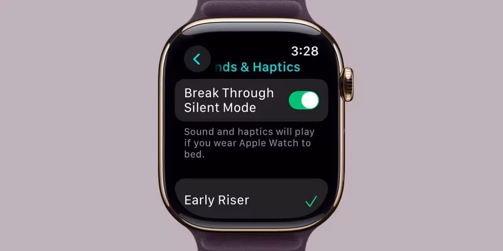 Экран Apple Watch с настройкой беззвучного режима в watchOS 11.4
