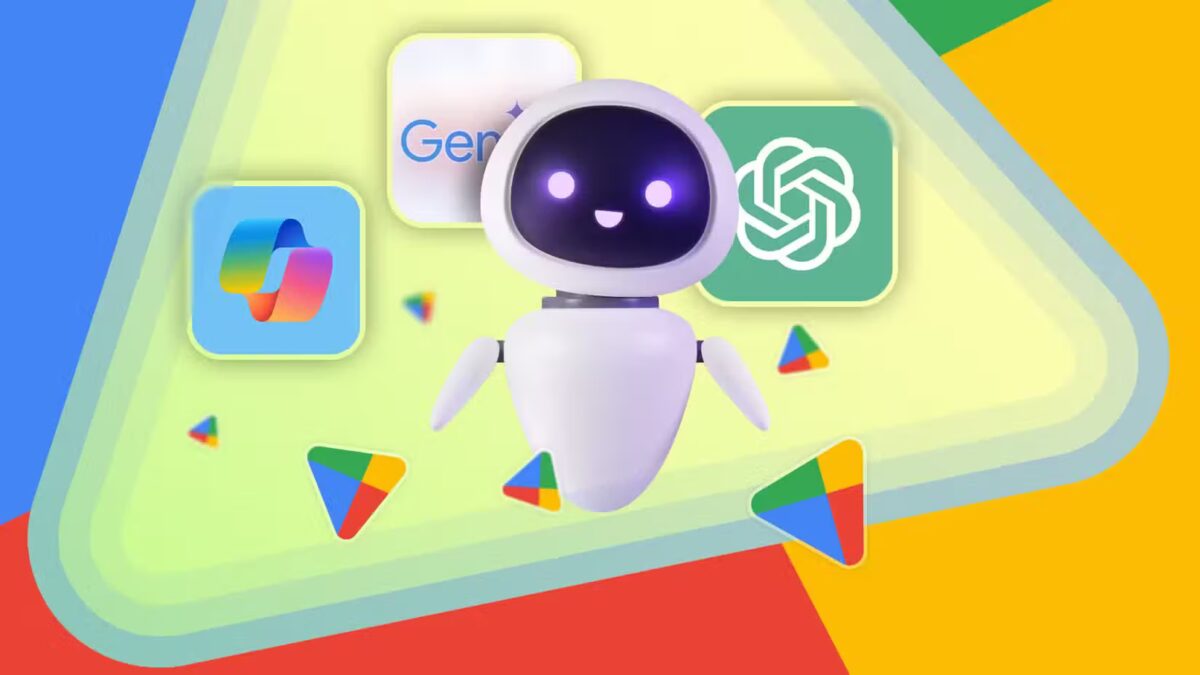 an ai robot with the copilot gemini and chatgpt logos in the background and some play store logos around it