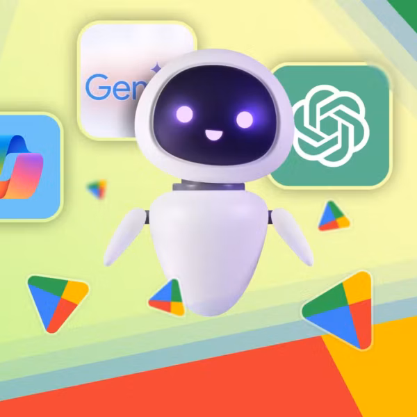 an ai robot with the copilot gemini and chatgpt logos in the background and some play store logos around it