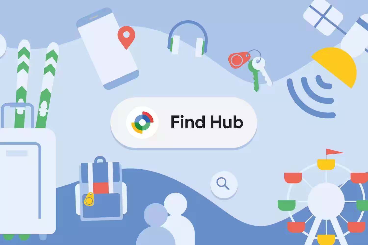 Главный экран Google Find Hub с логотипом на фоне аксессуаров и гаджетов