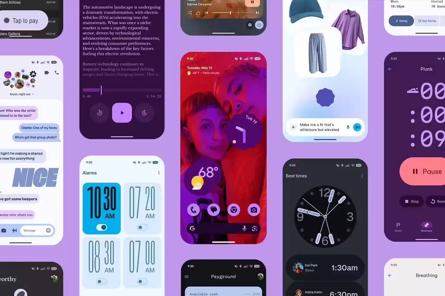 Экраны смартфонов с интерфейсами Android 16 и Google