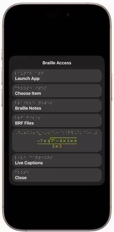 Экран iPhone с меню функций доступности и Braille-компонентами