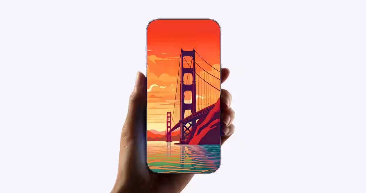 Демонстрация нового iPhone 2027 с изображением моста на экране
