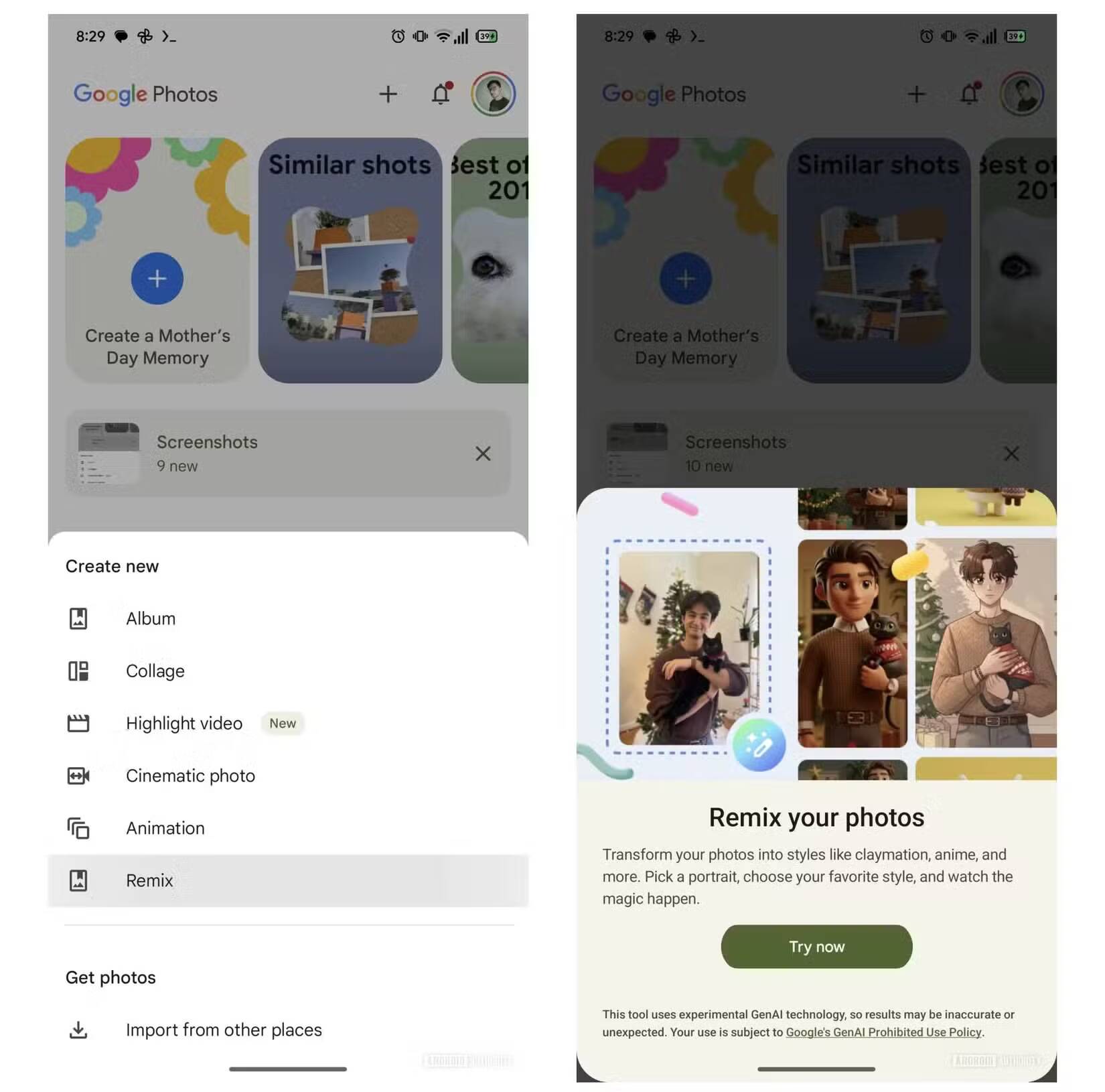 Google Photos тестирует функцию Remix — превращайте фото в арт с помощью ИИ 1 Скриншоты интерфейса Google Photos с функцией Remix