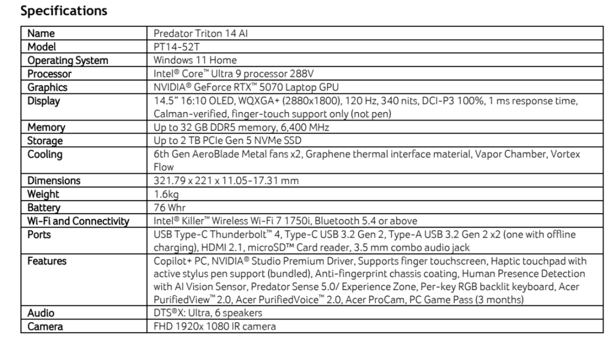 Computex 2025. Acer представила Predator Triton 14 AI с графеновым охлаждением 8 image 33f145.png