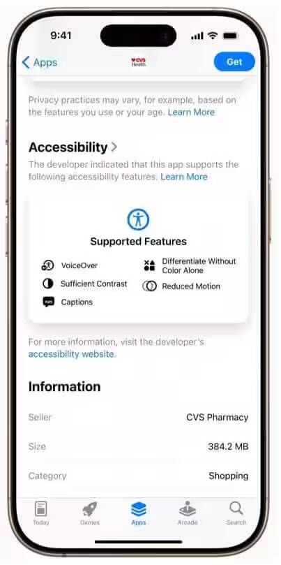 Экран iPhone показывающий раздел доступности с поддерживаемыми функциями
