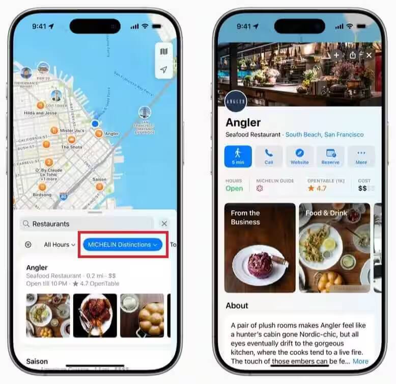 Экран iPhone с интерфейсом Apple Maps и рекомендациями Мишлен