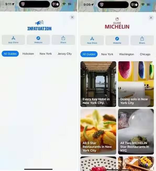 Экран мобильного приложения Apple Maps с рекомендациями MICHELIN и Infatuation