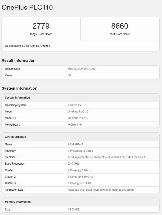 Результаты теста Geekbench для OnePlus PLC110 на Android 15