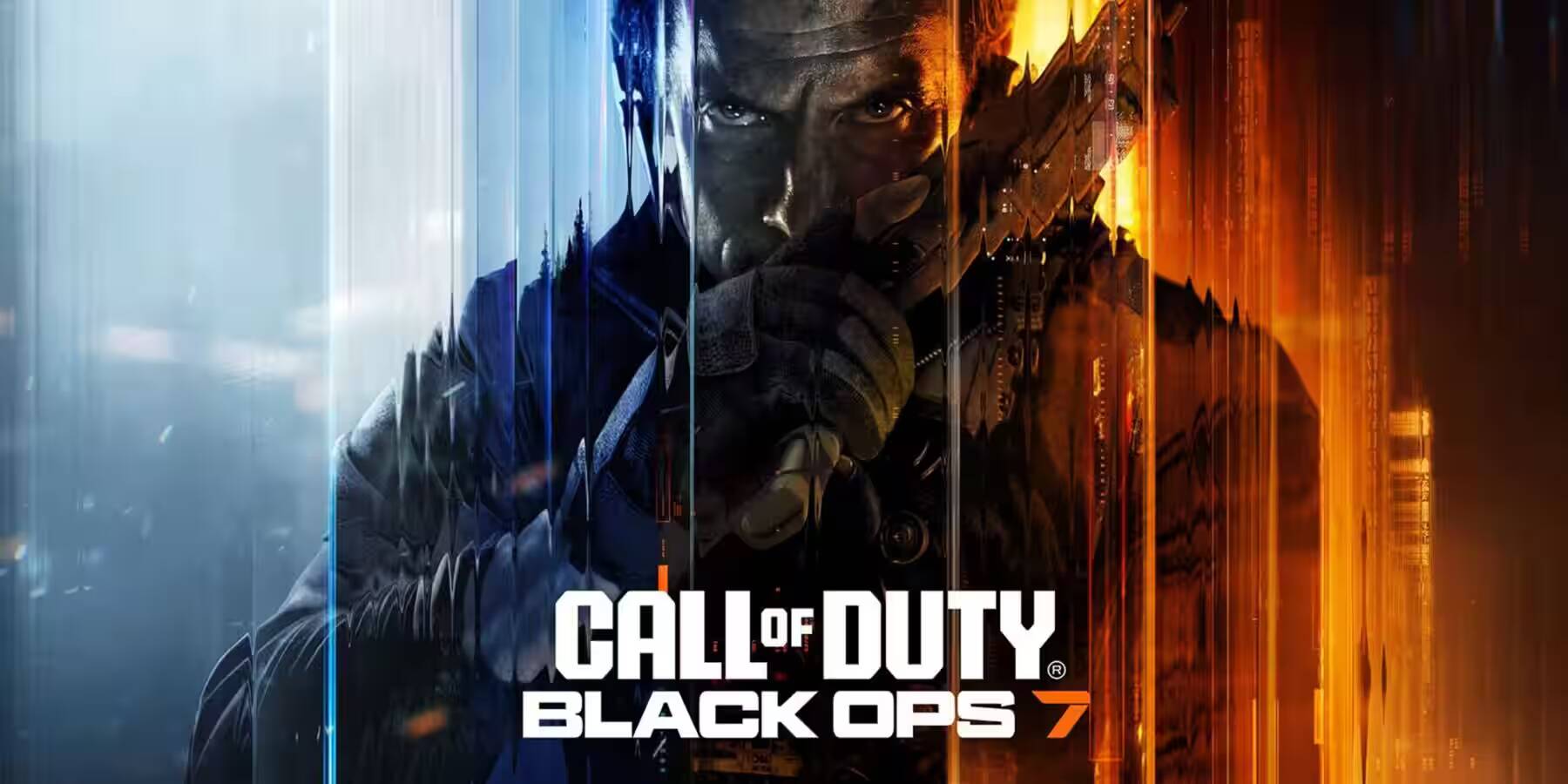 Обложка игры Call of Duty Black Ops 7 с персонажем в центре на фоне городской панорамы и ярких цветовых градиентов
