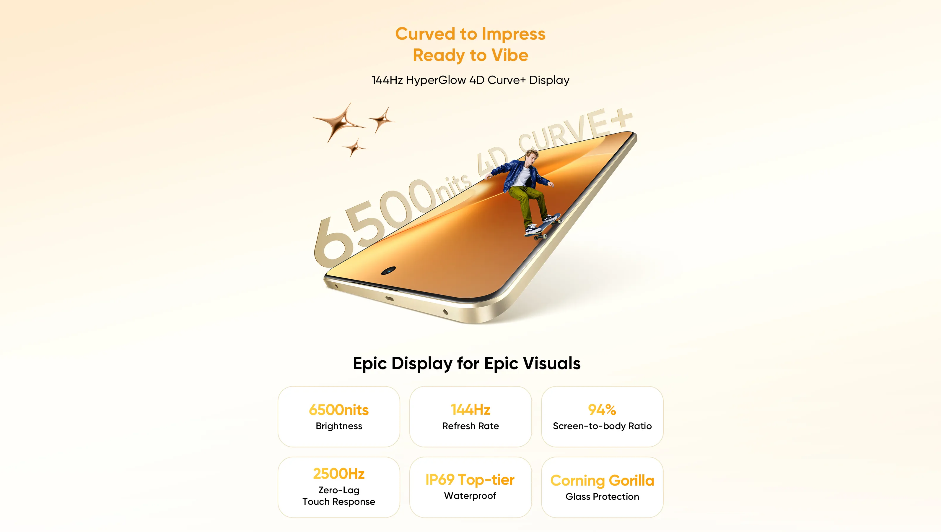 Рекламный баннер смартфона realme 15 Pro с изогнутым дисплеем и подсветкой 144Гц