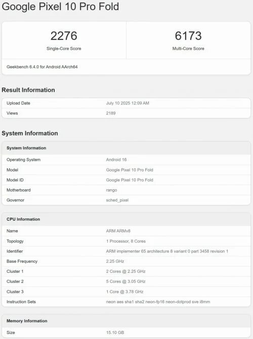 google pixel 10 pro fold geekbench
