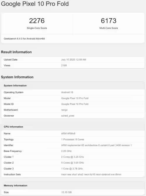 Результаты теста Google Pixel 10 Pro Fold на Geekbench с указанием мощности процессора и объема памяти