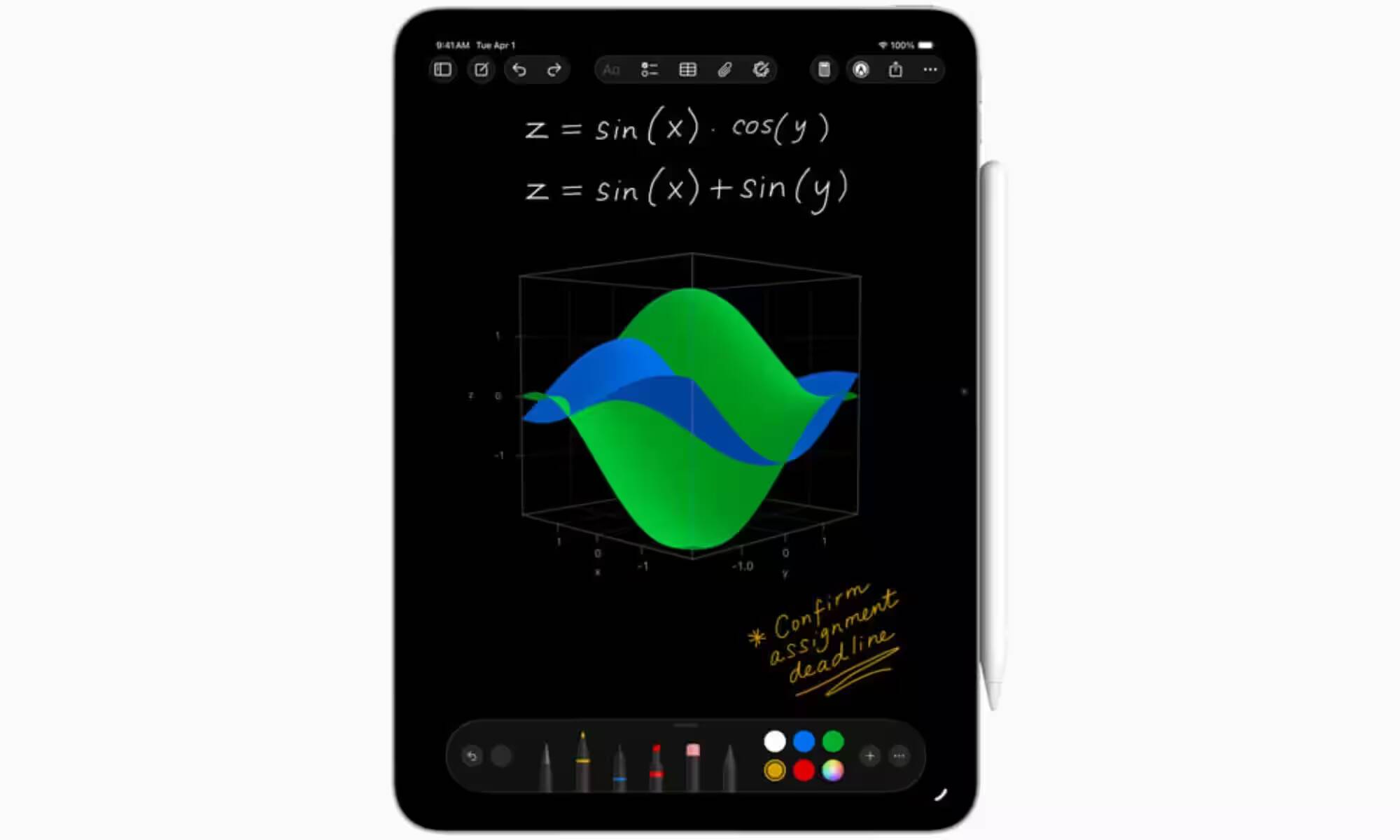 Экран iPad OS с заметками и 3D графиком