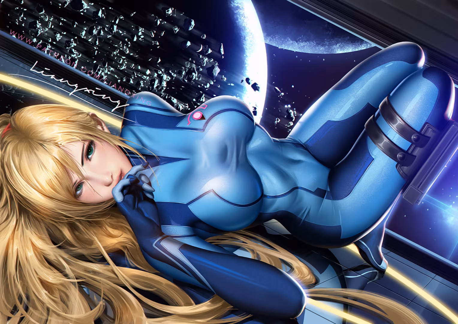 liang xing drawing women samus aran metroid blonde blue eyes blue clothing 2092615.jpgd