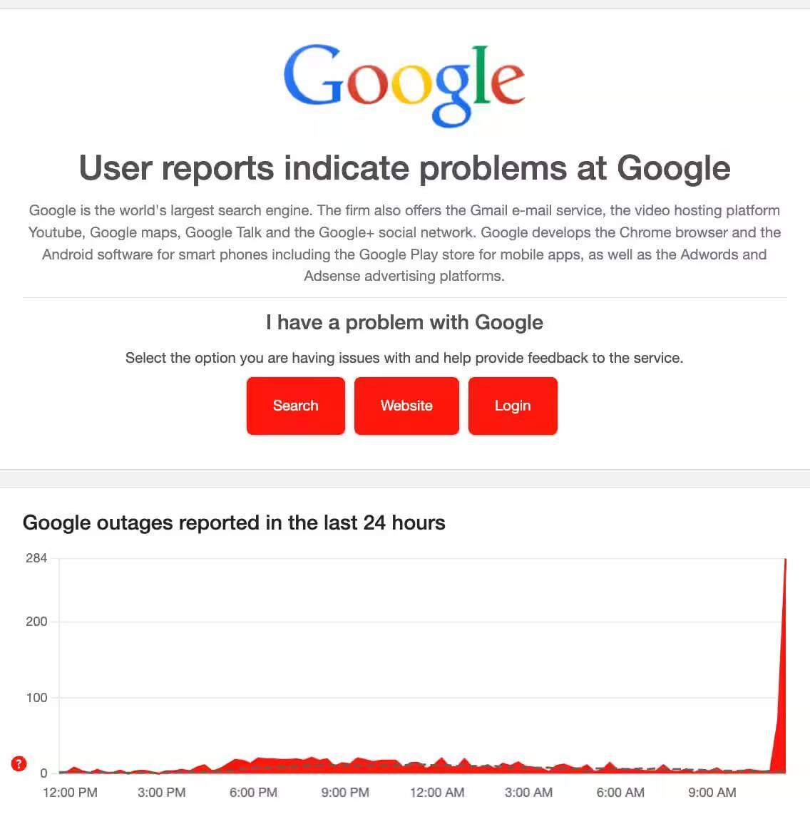Экран страницы Google с проблемой и отчетом о сбое