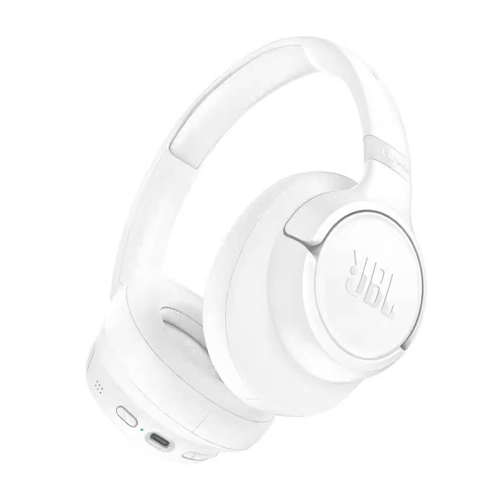 Беспроводные наушники JBL Tune в белом цвете с закрытой конструкцией и мягкими амбушюрами от первого лица