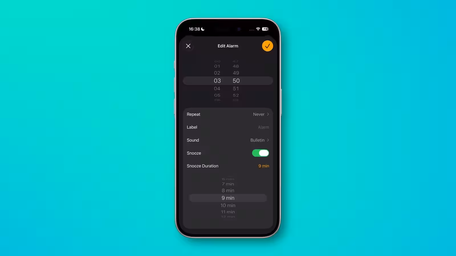 alarm snooze duration ios 26