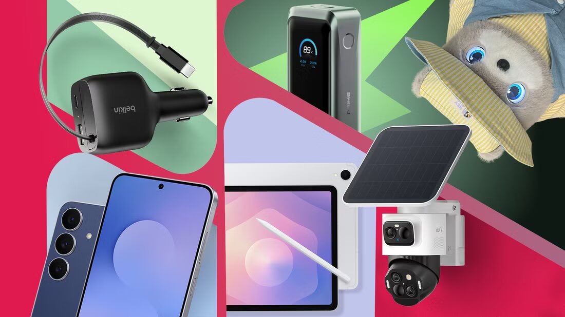 collage of modern tech gadgets arranged on a colorful background