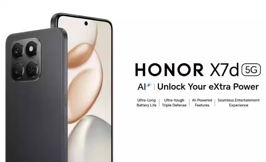 Смартфон Honor X7d 5G с четырьмя камерами и передним дисплеем на передней панели