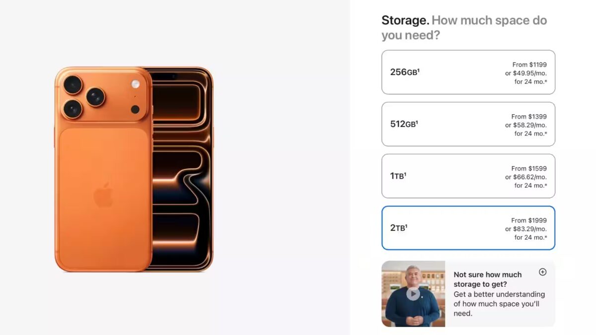 Обзор iPhone 17 Pro Max с 2 ТБ памяти на фоне черного интерфейса