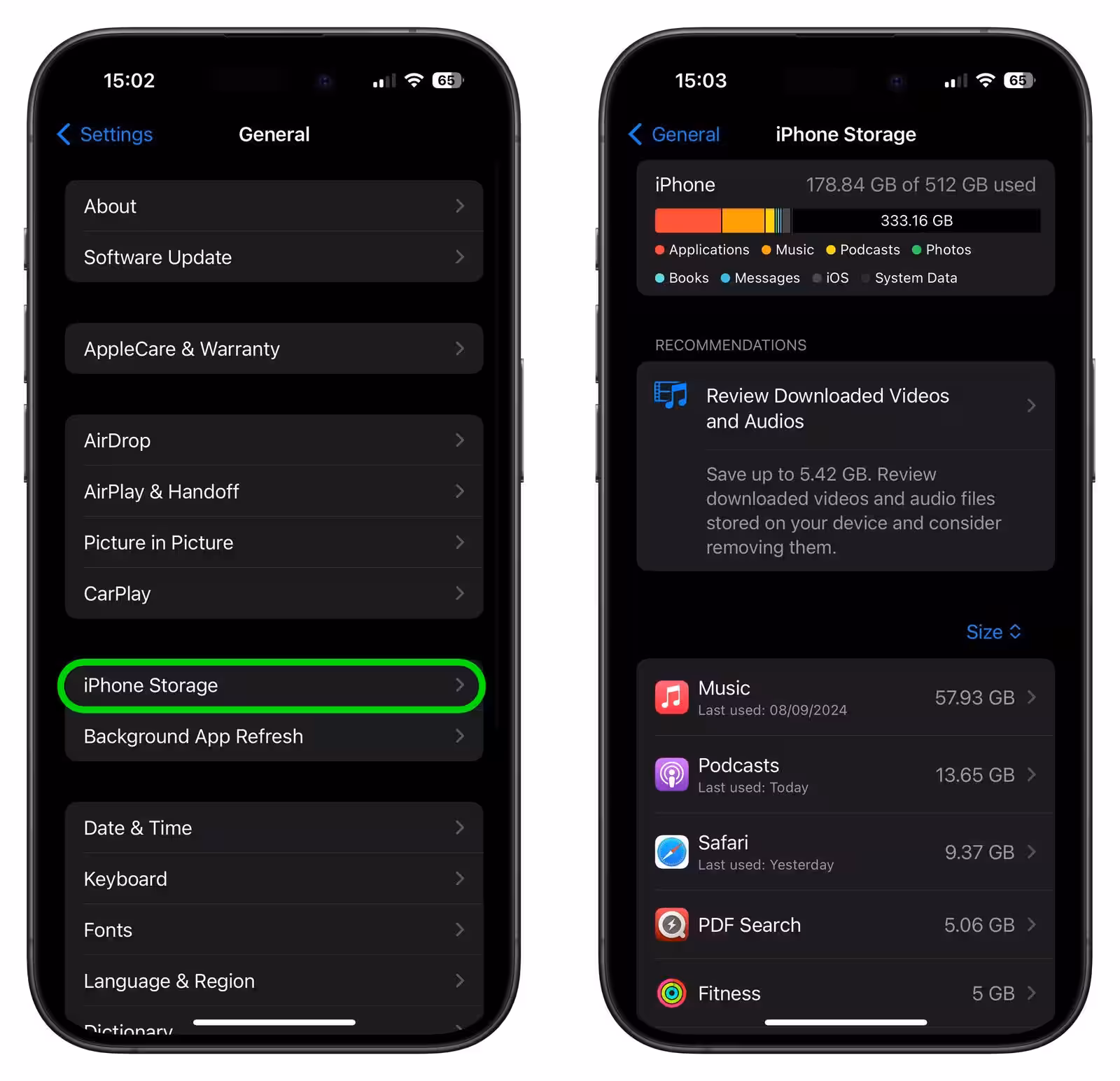 iphone storage settings