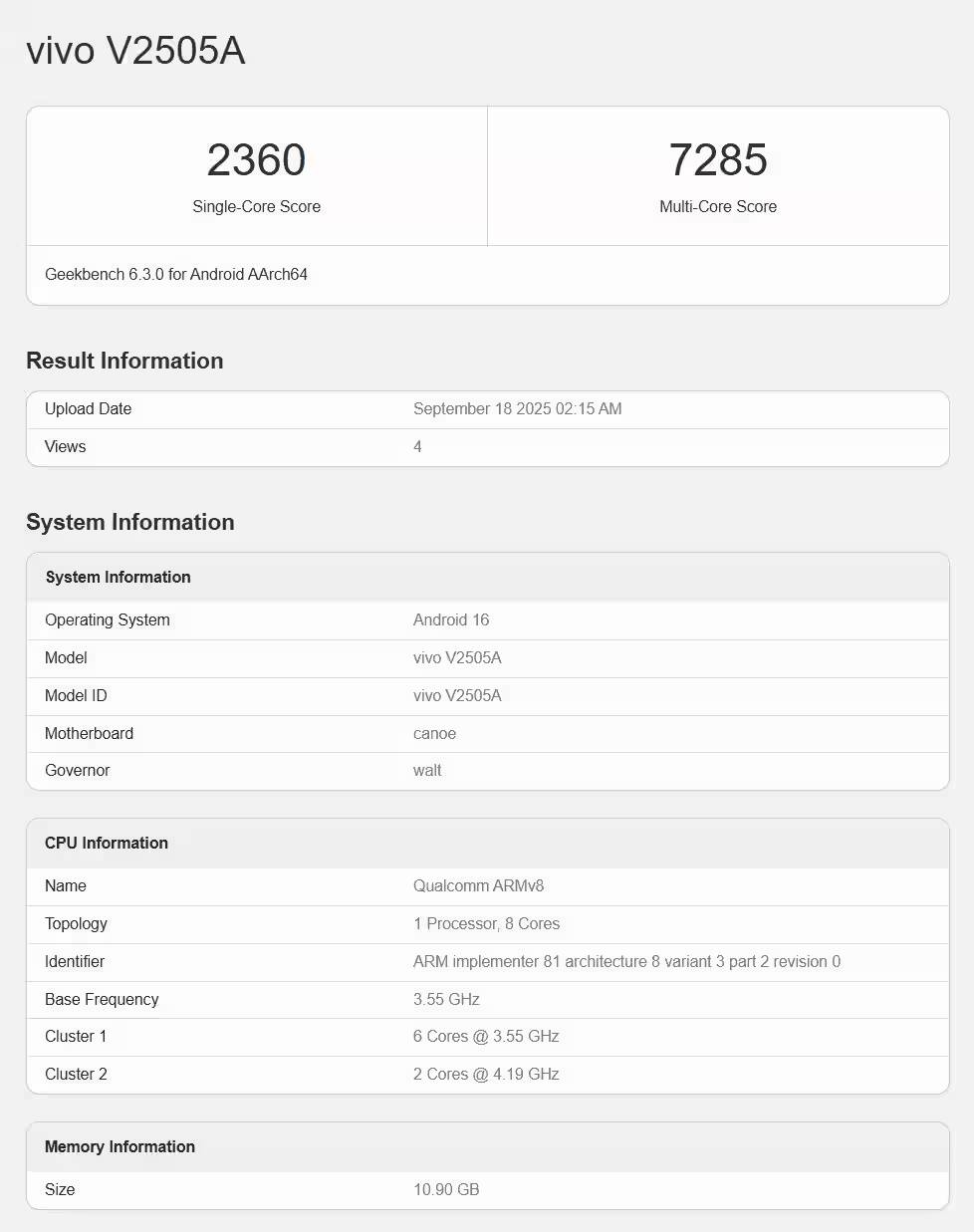 iQOO 15 появился в базе Geekbench и готовится к дебюту 20 октября 2 Результаты теста Geekbench для iQOO 15 с процессором ARMv8