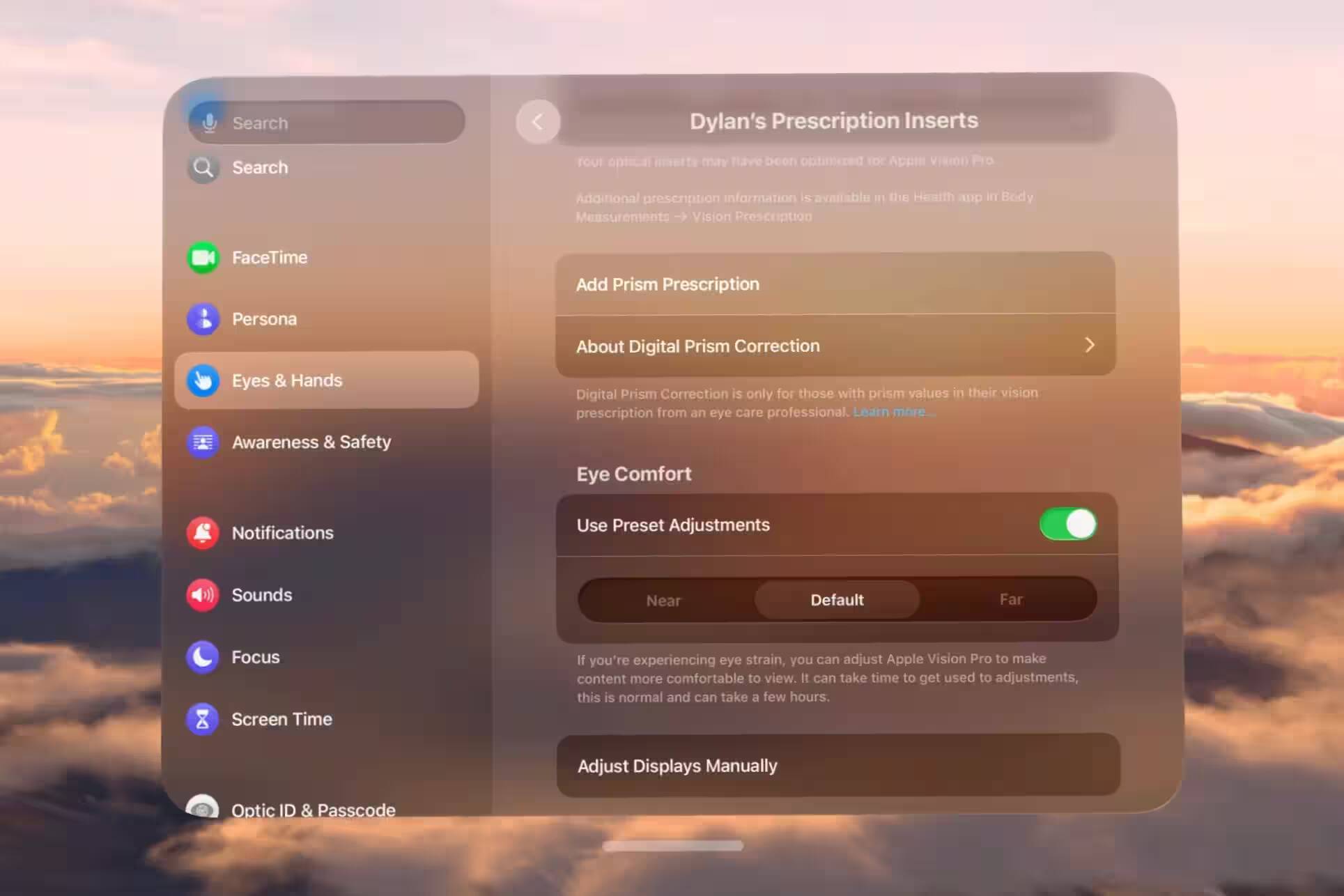Настройки для коррекции зрения в Apple Vision Pro на экране меню