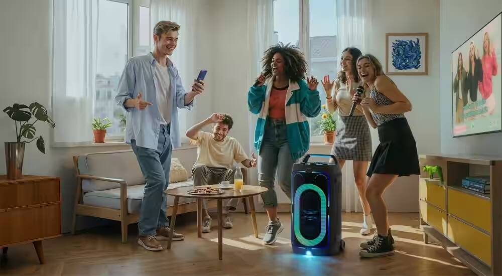 Группа людей с портативной колонкой Samsung Sound Tower ST50F