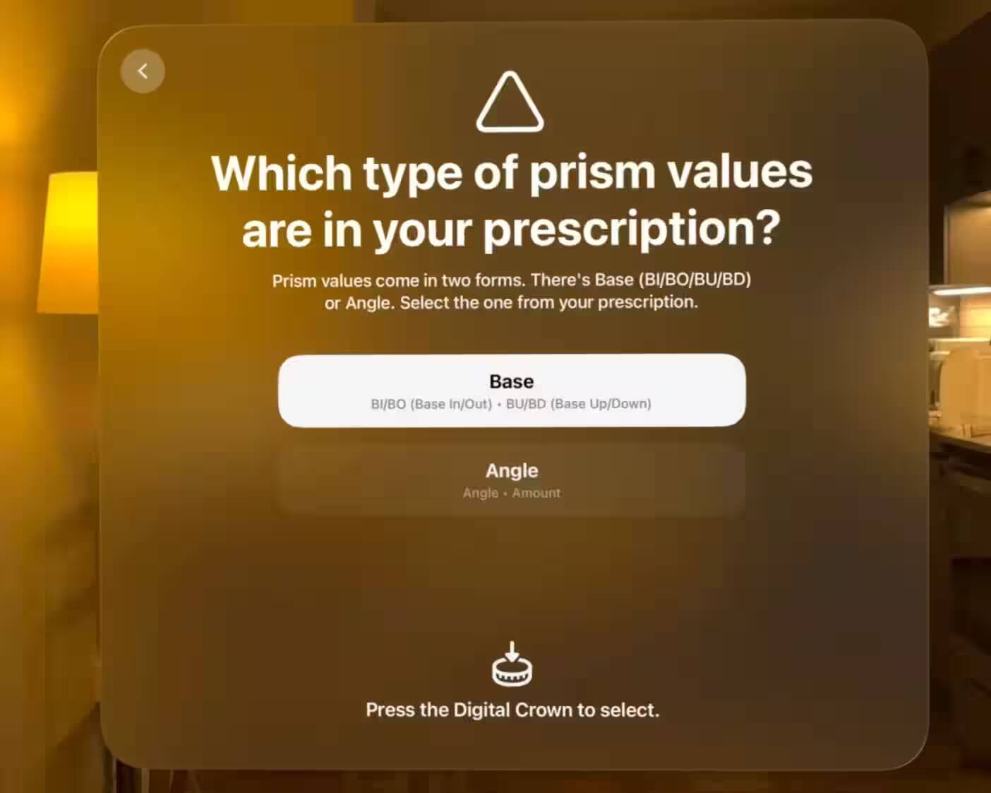 Экранный интерфейс Apple Vision Pro с выбором типа призм