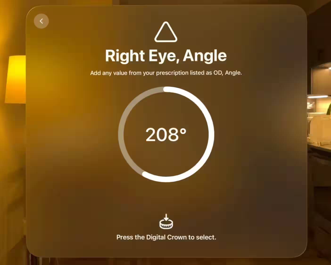 Экран интерфейса Apple Vision Pro с показанием угла 208 градусов