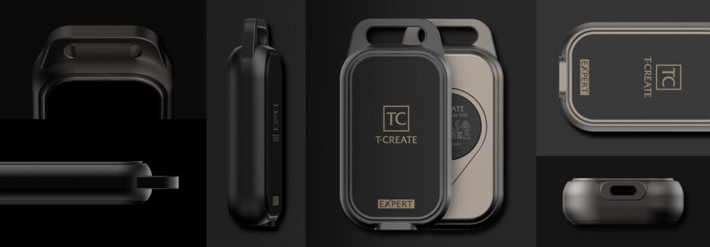 Внешний SSD T-Create Expert P34F с функцией геолокации, боковой вид и интерфейс USB-C