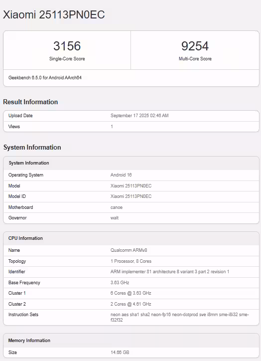 xiaomi 17 geekbench
