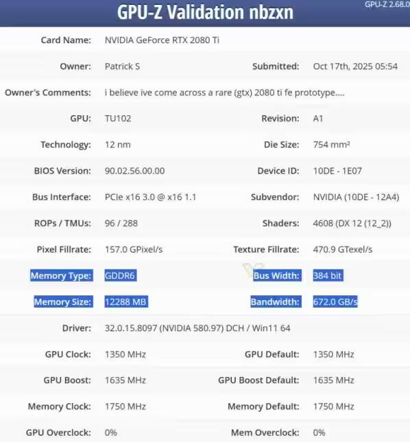 Детали видеокарты NVIDIA GeForce RTX 2080 Ti с 12 ГБ памяти и интерфейсом PCIe x16 3.0
