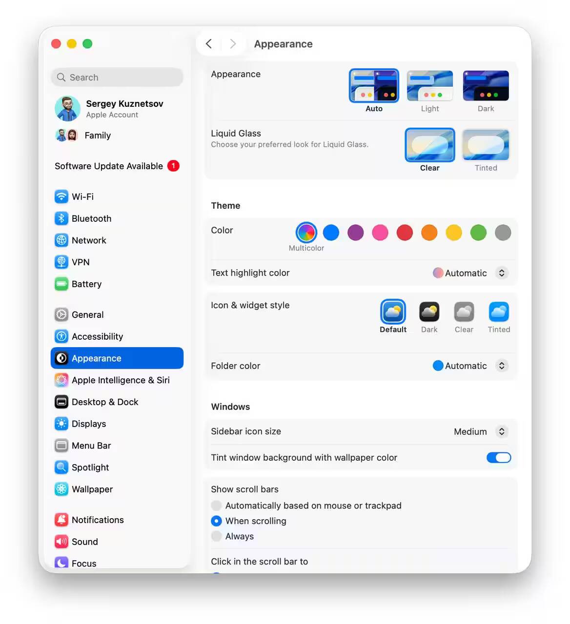 Обзор macOS 26 Tahoe: свежий дизайн и мир без Launchpad 2 Настройки внешнего вида macOS 26 Tahoe на экране компьютера