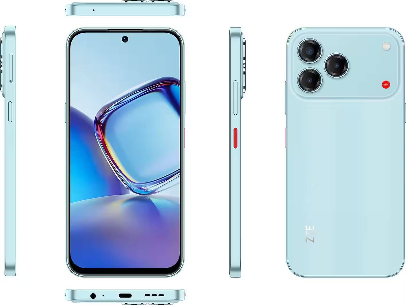 Новый ZTE Blade V80 Vita будет похож на iPhone 17 Pro 1 Передняя и задняя части смартфона ZTE Blade V80 Vita в голубом цвете с тройной камерой и дисплеем