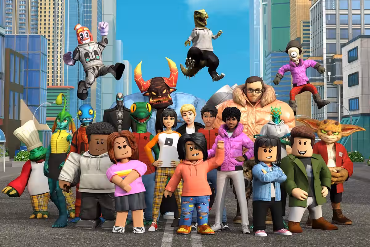 Групповое изображение персонажей Roblox на улице в городе