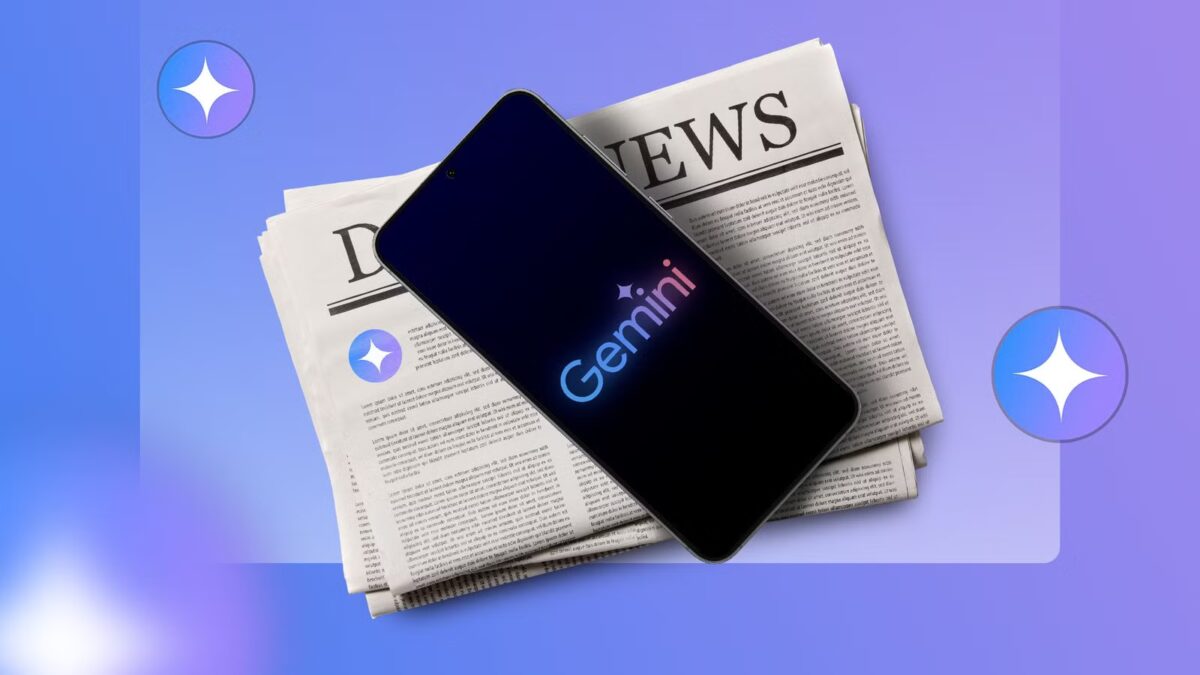 smartphone displaying the gemini logo placed on top of a newspaper