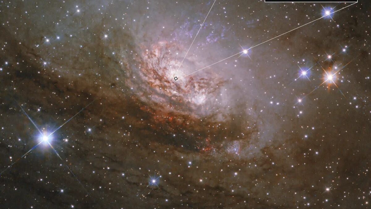 an image showing hubbles shot of the circinus galaxy and webbs image of its core q82 w h1600