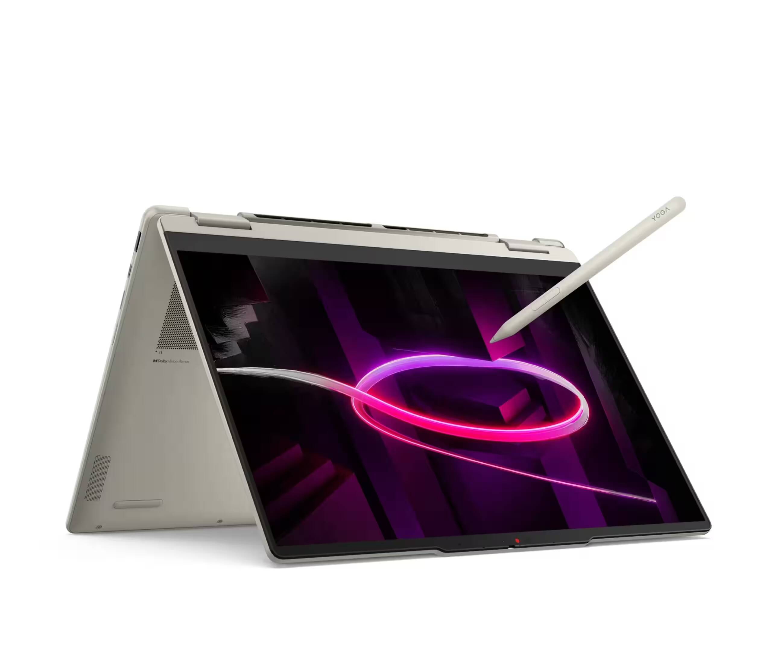 Ноутбук Lenovo Yoga 7a с сенсорным экраном и стилусом в горизонтальной ориентации
