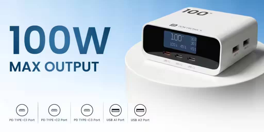 Зарядное устройство Portronics Adapto 100D с дисплеем и портами USB-C и USB-A