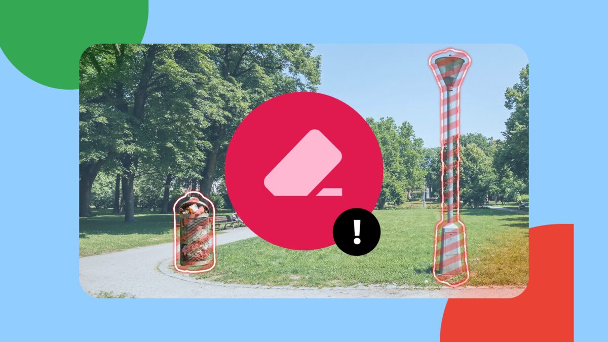 magic eraser icon with an error symbol over a photo of a trash can and lamp post highlighted in red