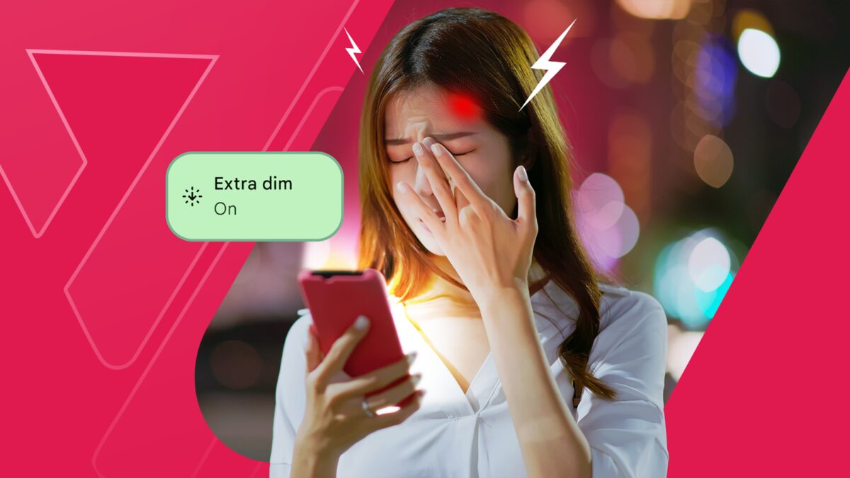 Скрытая функция Android спасает от мигрени и раздражающего мерцания экрана 1 woman with a migraine looking at a phone featuring a green extra dim on toggle overlay