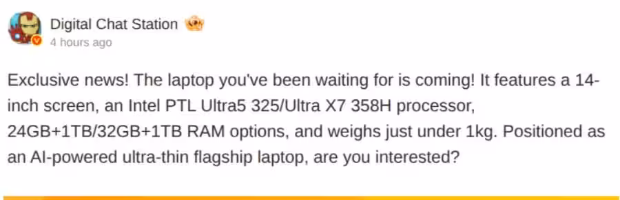 xiaomi intel ultra5 325 and ultra x7 358h specs leak
