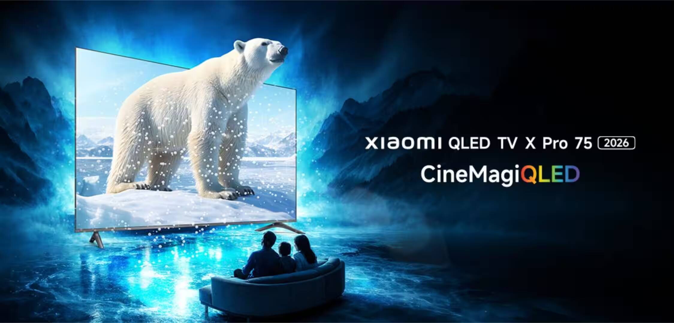 Телевизор Xiaomi QLED TV X Pro 75 дюймов на фоне горного пейзажа