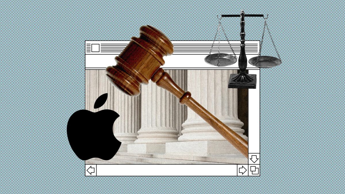 Молоток судебного решения и логотип Apple на фоне колонн