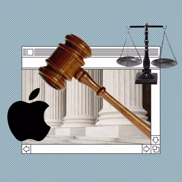 Молоток судебного решения и логотип Apple на фоне колонн