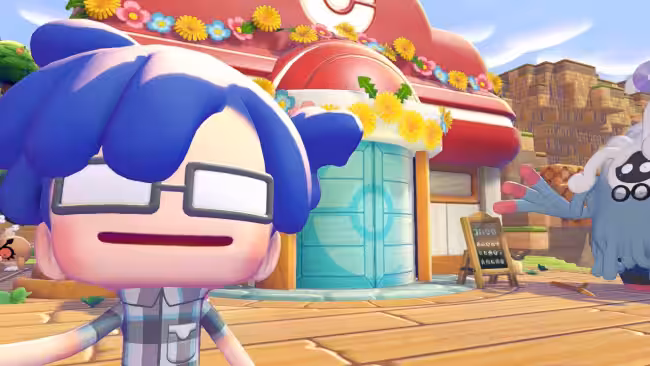 Персонаж с синими волосами и очками перед зданием Pokémon Pokopia